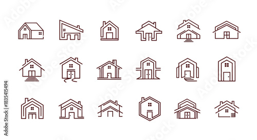 Collection of minimalist house logo designs in linear style for real estate branding showcasing