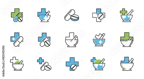 Collection of pharmaceutical symbols and icons including mortar, pestle, cross and pills