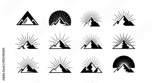 Collection of stylized mountain peak logos with sunburst effect in black and white