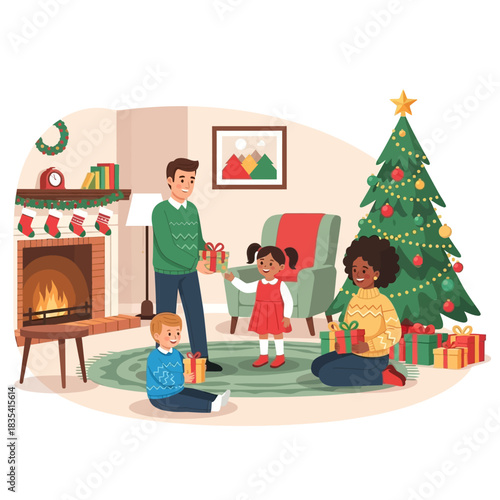 A happy multiracial family exchanging gifts by a Christmas tree and fireplace in a cozy living room.
