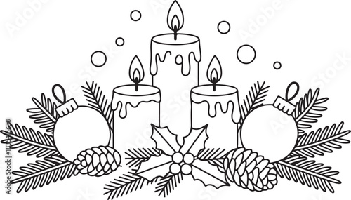 Black line art depicts three candles, ornaments, pinecones, holly berries, and fir branches