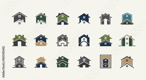 Diverse collection of minimalist house logo designs showcasing architectural simplicity and