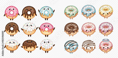 A collection of cute cartoon donuts with various colorful frostings and sprinkles, featuring adorable faces and tiny limbs.
