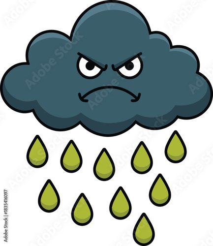 Cartoon angry rain cloud illustration with grumpy face expression, dark storm cloud and falling raindrops in cute weather icon style