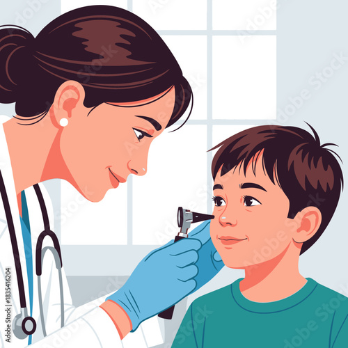 A compassionate doctor is performing an ear exam on a young boy, ensuring his health and well-being in a caring medical environment, using modern equipment.