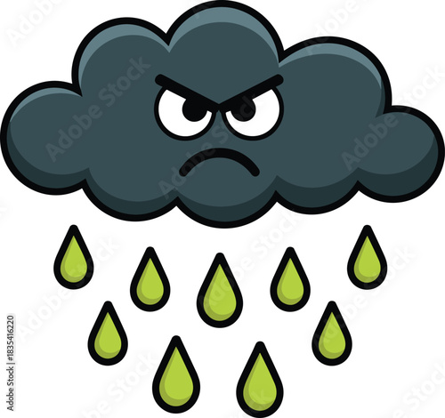Cartoon angry rain cloud illustration with grumpy face expression, dark storm cloud and falling raindrops in cute weather icon style