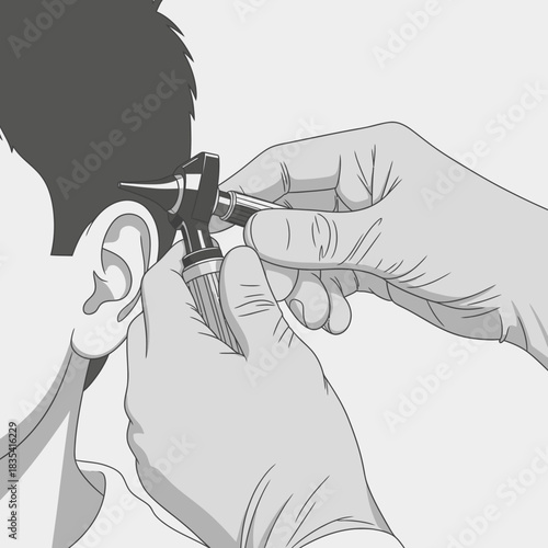 A medical professional examines a patient's ear using an otoscope, a tool used to visualize the ear canal and tympanic membrane for diagnosis.