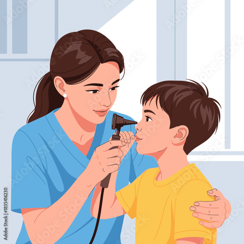 A caring female doctor gently examines a young boy's ear with an otoscope during a routine checkup in a bright and comforting medical environment.