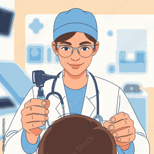 A friendly doctor in a medical setting examines a patient's ear using an otoscope, promoting healthcare and wellness in a clinical environment.