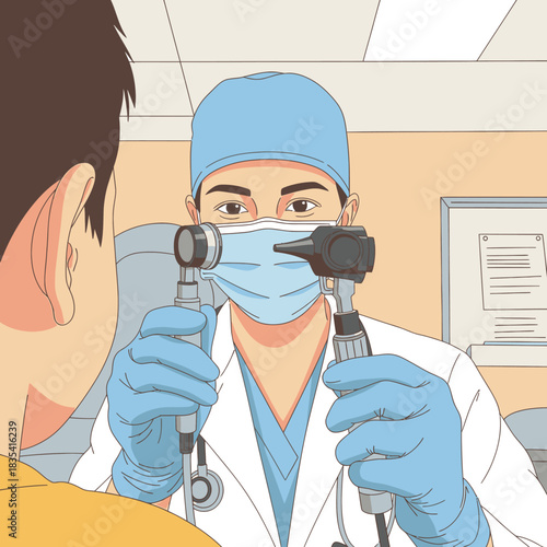 An illustration depicts a masked doctor holding otoscopes to examine a patient's ear, emphasizing healthcare and medical check-ups in a clinical setting.