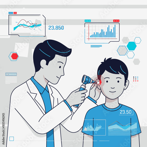 A friendly doctor uses an otoscope to examine a young patient's ear, with medical data visualizations enhancing the modern healthcare setting and checkup process.