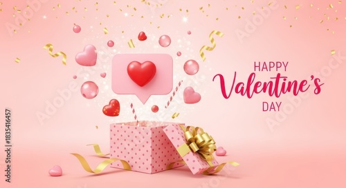 Happy valentines day greeting with a gift box, hearts, and confetti, celebrating love and romance with a festive design