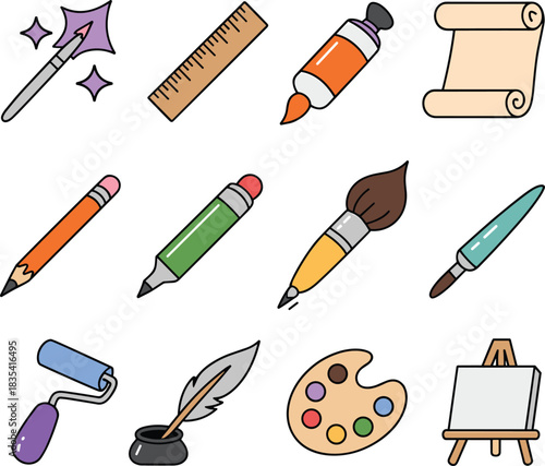 Cartoon art and drawing tools set with pencils pens brushes markers paint palette scroll ruler magic wand and easel illustration