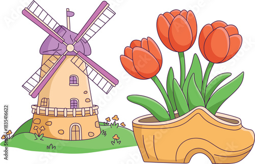 Charming cartoon illustration of Dutch windmill, wooden clog and blooming tulip flowers, traditional Netherlands culture design for travel and tourism themes