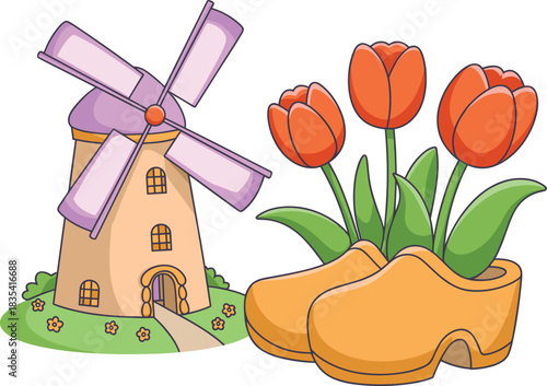 Charming cartoon illustration of Dutch windmill, wooden clog and blooming tulip flowers, traditional Netherlands culture design for travel and tourism themes