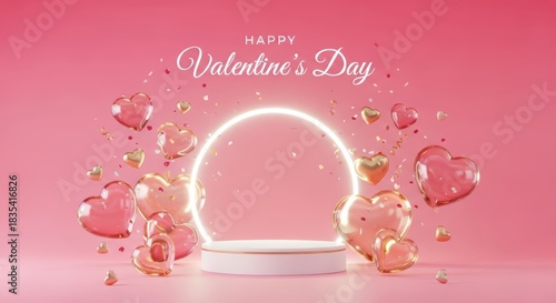 Happy valentines day greeting with a glowing neon circle, podium, and floating heart shapes on a pink background