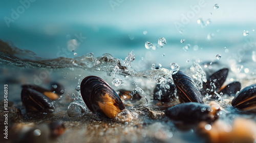 A close up of mussels on a sandy beach with water splashing around them in a bright scene