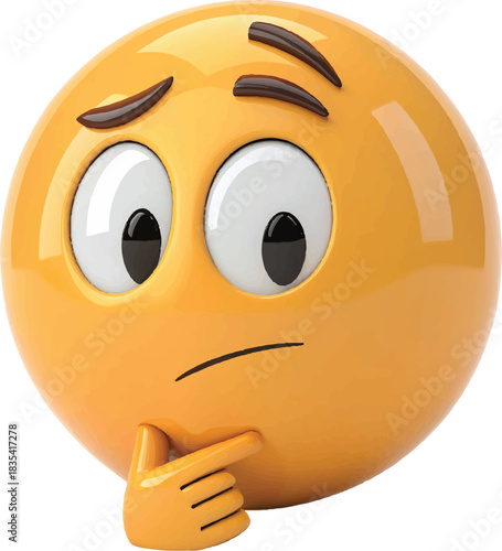 Thinking emoji shows curiosity and contemplation in a simple, bright design with a round shape and distinct features