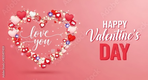 Happy valentines day greeting with a heart shape made of hearts and social media icons, love you text, and pink background