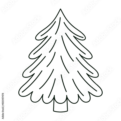 Hand drawn outline evergreen tree with flowing organic branches. Simple vector design for back, coloring page, card, print, Christmas, winter, nature, holiday, kids graphics. Minimalist line art.