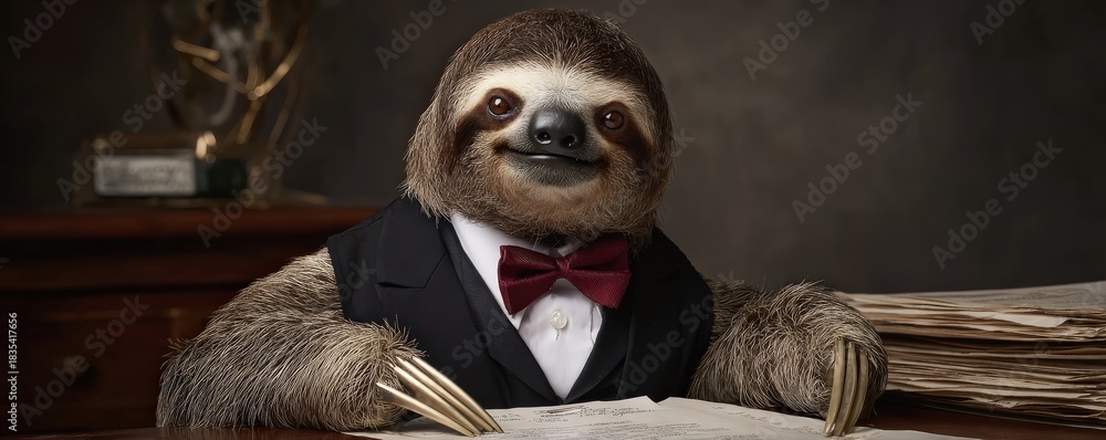 Naklejka premium A dapper sloth in a suit and bow tie sits at a desk, exuding charm and personality amidst stacks of papers.