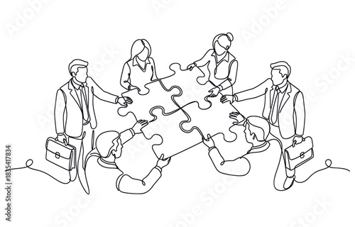 Single continuous line drawing of two young businessmen push puzzle pieces to unite it. Modern unity teamwork concept single line draw design vector illustration