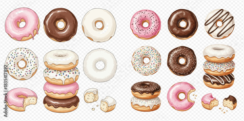 A delightful assortment of various glazed donuts with different frostings and sprinkles, including individual pieces, stacks, and bitten treats.