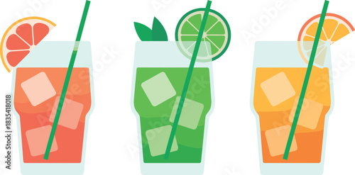 Colorful refreshing fruit juice drinks with ice cubes and straws in flat minimalist style featuring grapefruit lime and orange slices