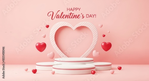 Happy valentines day greeting with a heartshaped frame and multiple podiums, decorated with hearts and lights