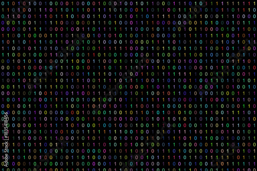 multicolored digital binary data flow with zero and one digits isolated on dark backdrop representing technology internet safety and machine learning concepts