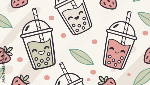 Adorable pattern of bubble tea and strawberries for summer fun and sweet designs