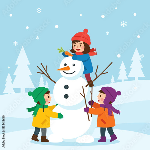 Children building a snowman in a snowy winter landscape, enjoying the cold weather.