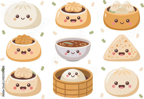 Cute kawaii dumpling and soup illustration, adorable Asian food characters, sweet cartoon dim sum pattern for kids, stickers, packaging, and digital design