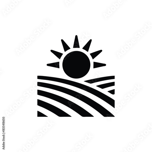 Sun Over Farm Fields Icon: Agriculture, Harvest, and Rural Landscape Vector