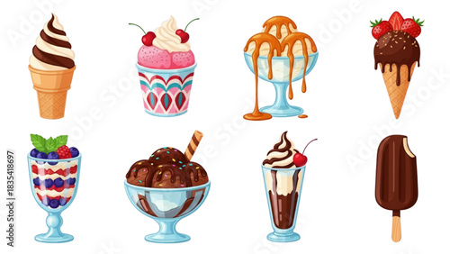 Colorful Ice Cream Vector Set. Sweet Summer Dessert Collection with Cones, Sundaes, Popsicles, and Fruit Toppings