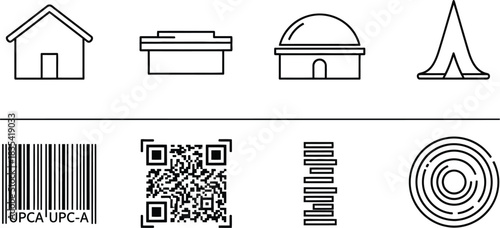 Icons house box dome tent barcode qr code upca upca lines circles abstract set