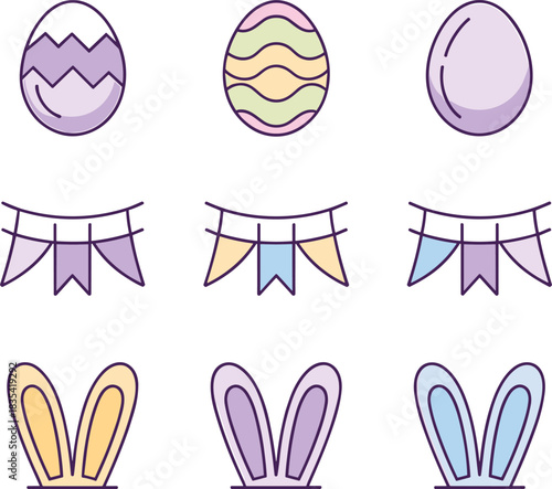 Cute pastel Easter illustration set with eggs, bunny ears and festive bunting, adorable spring holiday graphics for celebration,
