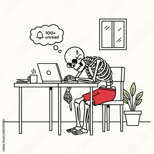 Funny Skeleton Office Worker Overwhelmed by 100+ Unread Emails Vector