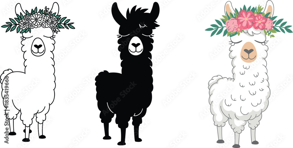 Fototapeta premium Cute stylized llama illustrations with floral crowns, black and white alpaca designs, adorable cartoon farm animals for coloring and decoration