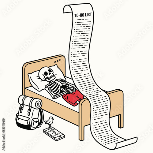 Funny Skeleton Lying in Bed Staring at Endless To-Do List Scroll