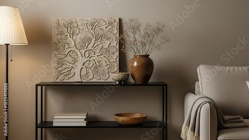 Sophisticated Living Room Corner Featuring Textured Tree Wall Art, Neutral Tones, and Modern Scandinavian Home Decor