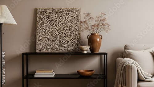 Modern minimalist living room interior with neutral tones, featuring a unique textured art piece and dried flowers, creating a serene and stylish home decor