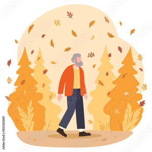 Elderly man on nature walk. Senior hiking in forest. Older person enjoying outdoors. Elderly man walking in rain. Elderly set