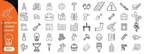 Construction and tools line editable icon set. Set of  outline icons related to repair, maintenance, construction. Linear icon collection. Editable stroke. Vector illustration.