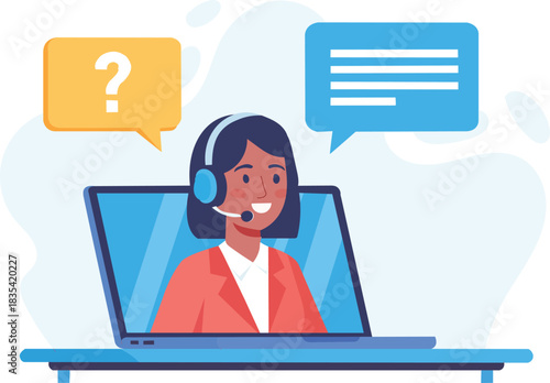 Vector art of female customer service agent with headset providing online support through a laptop computer