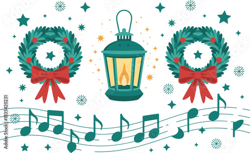 Festive Christmas illustration with glowing lantern, holiday wreaths, musical notes and stars, traditional seasonal decoration design for winter celebrations