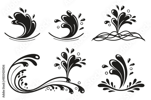 Water drops, black sea ocean waves stencil. Liquid elements, cry droplet icons vector set. Ink, sauce, river isolated