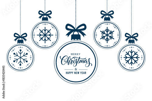 Elegant BLUE Christmas baubles with snowflake designs and bows hanging on white background, festive greeting text in center circle, minimalist holiday card for Merry Christmas and Happy New Year.