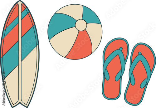 Flat illustration of beach accessories including surfboard, beach ball and flip-flops, colorful summer design for vacation, travel, holiday and lifestyle projects