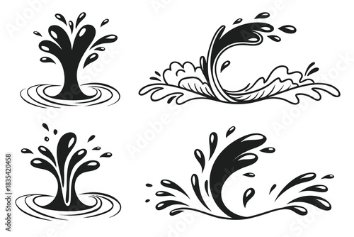 Water drops, black sea ocean waves stencil. Liquid elements, cry droplet icons vector set. Ink, sauce, river isolated